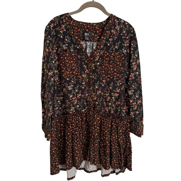 Maeve Anthropologie Floral Babydoll Dress 4P Petite Black Mixed Ditsy Lyocell - Picture 1 of 5